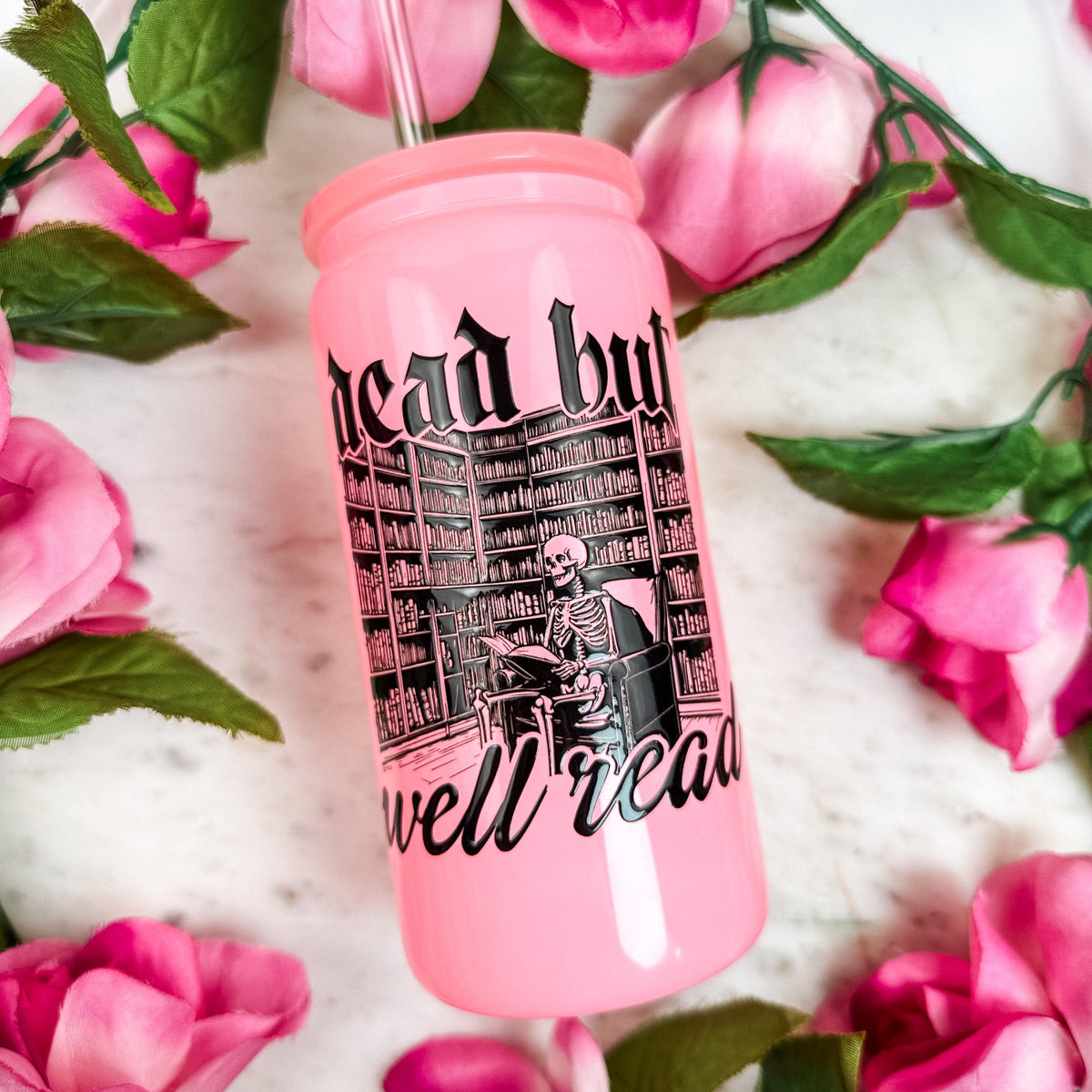 Dead but Well Read Pink Glass Cup with Pink Lid & Glass Straw